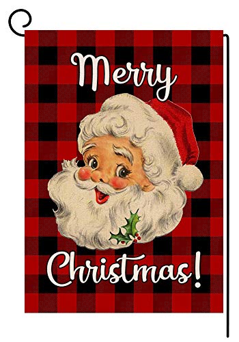 Product Cover BLKWHT Red Black Buffalo Christmas Santa Claus Small Garden Flag Vertical Double Sided Merry Christmas Burlap Yard Outdoor Decor 12.5 x 18 Inches (137215)