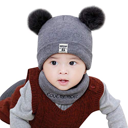 Product Cover LOMONER Baby Beanie Cap,Winter Warm Kids Girl Boy Ear Hat+Scarf Babies 0-12Month (Gray)