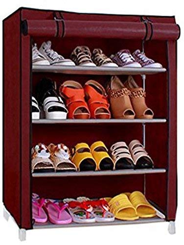 Product Cover Aysis Multipurpose Portable Folding Shoes Rack 4 Tiers Multi-Purpose Shoe Storage Organizer Cabinet Tower with Iron and Nonwoven Fabric with Zippered Dustproof Cover (Maroon)