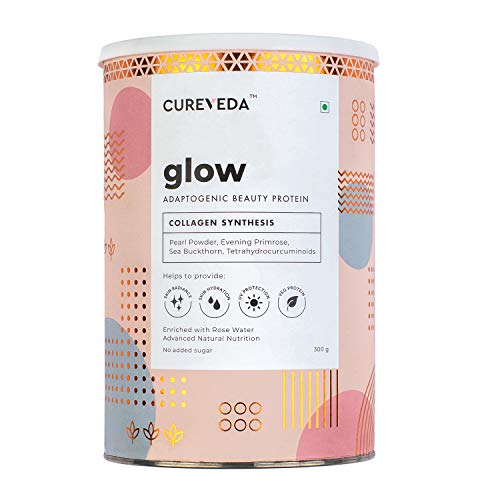 Product Cover Cureveda Glow Plant Based Collagen Veg and Natural Beauty Collagen Protein Powder for Men and Women - Pearl powder, Evening Primrose, Vitamin E, Sea Buckthorn, Grape Seed 300 gm