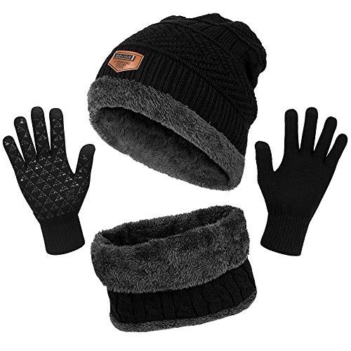 Product Cover Winter Beanie Hat Scarf Glove Set - Thick Knit Warmer Neck Scarf Fleece Lined Cap Non-Slip Touch Screen Gloves Set 3-in-1 Winter Accessories for Men Women Black