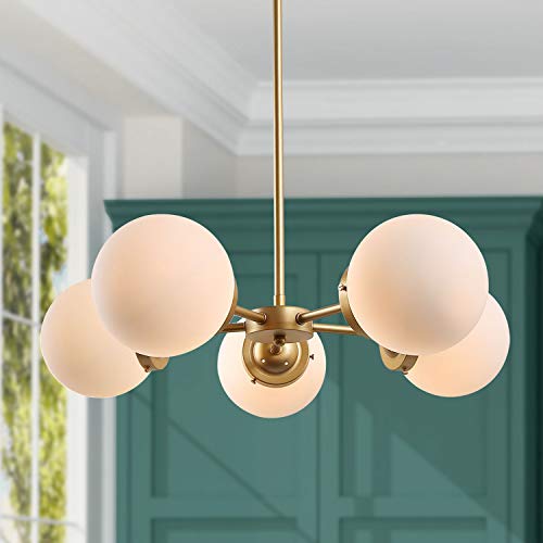 Product Cover KSANA Gold Chandeliers for Dining Rooms, 5-Light Modern Globe Chandeliers with Frost White Glass Shades, Ceiling Pendant Lighting for Dining Rooms, Bedrooms, Living Room and Entryway