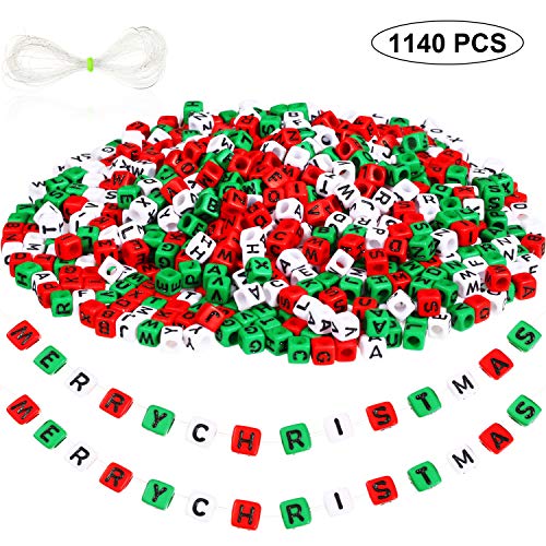 Product Cover Alphabet Beads Kit Christmas Letter Beads Square Plastic Alphabet Letter Beads and Transparent Rope for Jewelry Making Bracelet Necklace Key Chains Craft Christmas Decorations