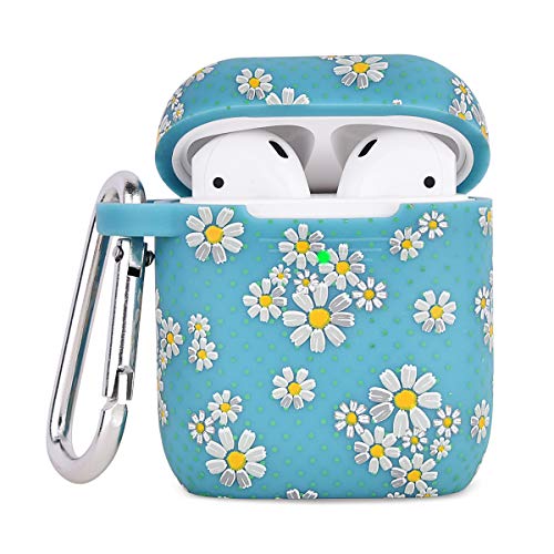 Product Cover Airpods Case AIRSPO Soft Silicone Case Cover Wireless Charging Case Cover Cute Protective Skin Compatible for Apple AirPods 1 & 2 (Teal+Daisy 2 in 1)
