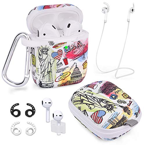 Product Cover Airpods Case - Airspo 7 in 1 Airpods Accessories Set Compatible with Airpods 1 & 2 Protective Silicone Cover Floral Print Cute Case (USA Graffiti 7 in 1)