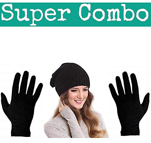 Product Cover WersoaTM Upgraded Star Quality 2 Pieces Set Winter Beanie Cap Hand Gloves Set Warm Knitted Fur Inside For Men & Women (Black)
