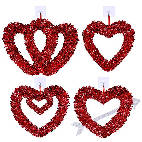 Product Cover Winlyn 4 Pcs Valentines Heart Wreaths Assortment Red Tinsel Foil Heart Shaped Wedding Wreaths Valentines Front Door Wreaths for Door Wall Window Valentine's Day Wedding Holiday Party Decorations
