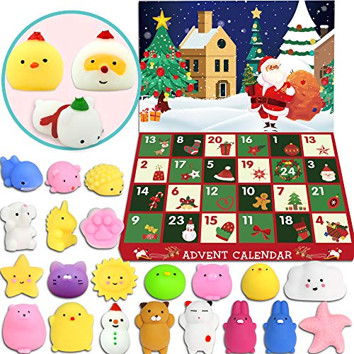 Product Cover BUDI Advent Calendar 2019 Xmas Mochi Squishies for Kids and Adults Animal Squishies Surprise Xmas Presents Count Down To Xmas 24 Pcs