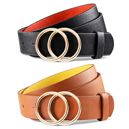 Product Cover Fairy Rose 2 Pieces Women's Leather Belt Fashion Soft Faux Leather Waist Belts for Jeans Dress, with Double O-Ring Buckle