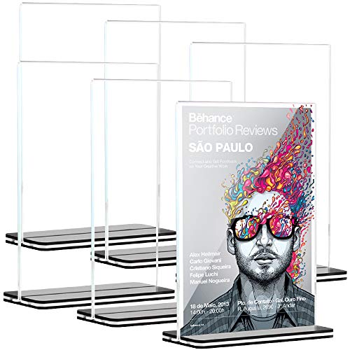Product Cover [6 Pack] 5x7 inch Office Table Sign Display Holder for Trade Show Exhibition, Tomorotec T-Shape Black Base Double-Sided Menu Dispaly, Slant Ad Photo Frame Brochure Holder, Clear Acrylic (Potrait)