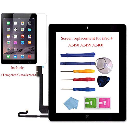 Product Cover for iPad 4 Glass Touch Screen Digitizer Replacement Kit Black A1458, A1459, A1460 with Home Button Flex, Adhesive Tape, Midframe Bezel, Screen Protector, Instruction Manual，and Repair Toolkit