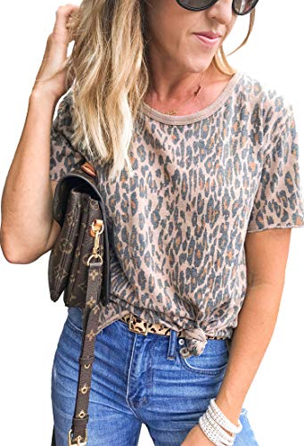 Product Cover Angashion Women's Casual Cute Shirts Leopard Print Tops Basic Short Sleeve Round Neck Pullover Blouse