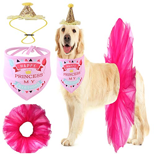 Product Cover GAMUDA Dog Birthday Bandana Girl - Birthday Party Supplies - Tutu Skirt Hat Scarf & Collar Set for Pet Large Dog Girl Female, Pink Outfit for Birthday Party (Pink)