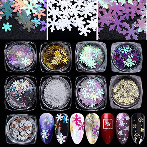 Product Cover 750 PCS / 9 Boxes Snowflake Sequins for Nail Christmas nail snowflakes glitter nail sequins -3d nail art snowflakes Confetti for Xmas Party Fingernail Toenail Nail Decor Gold and Multicolor