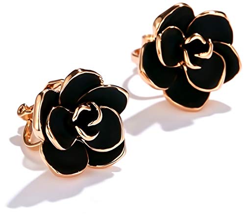Product Cover Clip on Earrings for Women Gilrs,Non Pierced Earrings (Black Rose Flower)