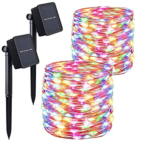 Product Cover Upgraded Solar String Lights 2 Pack 100 LED Solar Fairy Lights 33 feet 8 Modes Copper Wire Lights Waterproof Starry String Lights Outdoor Solar Christmas Lights for Garden Party Indoor Bedroom Décor