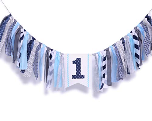 Product Cover WAOUH 1st Birthday High Chair Banner - First Birthday Party Decorations for Rag Tie Fabric Garland，Photo Booth Props ，Birthday Souvenir and Gifts (Navy Blue Birthday Banner)