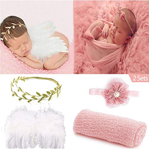 Product Cover SPOKKI 2 Sets Newborn Photography Props Baby Outfits Photo Long Ripple Wrap Blanket and Angel Wings with Flower Pearl Leaf Headbands Classic Outfits (0-12 Month)