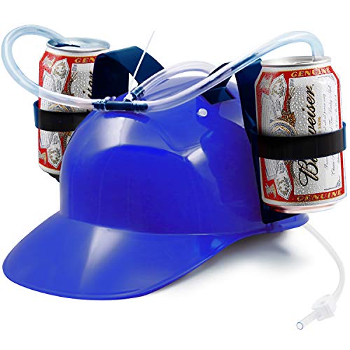 Product Cover Novelty Place Guzzler Drinking Helmet - Adjustable Can Holder Cap Drinker Favor Hat - Straw for Beer Soda - Party Fun Beverage Gadgets(Blue)
