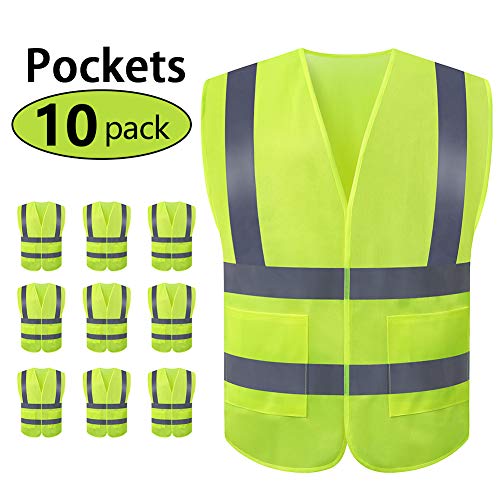 Product Cover JSungo High Visibility Safety Vest 10 Pack, ANSI Class 2 Identification Security Vest with 2 Inch Reflective Silver Strip, Velcro Construction Vest for Night Running, Jogging, Cycling Walking (Yellow)