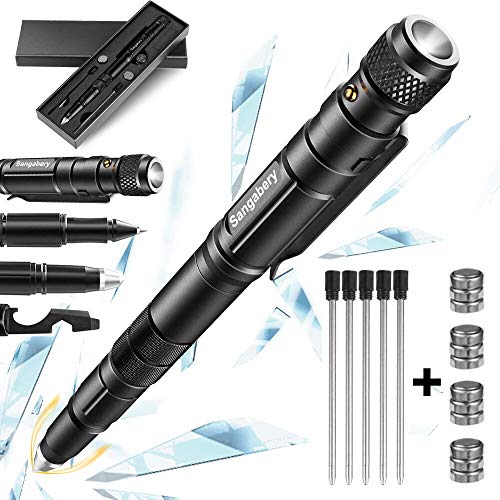 Product Cover Tactical Pen, Sangabery 6 in 1 Tactical Pen: Self Defense Tip + Flashlight + Ballpoint + Bottle Opener + Screw Driver + Hexagonal Wrench, 5 Ink Refills + 12 Batteries + Gift Box, Present for Men/Fath