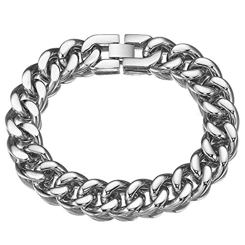 Product Cover W/W Lifetime Cuban Link Chain Bracelet Silver Polished Stainless Steel 15mm Hip Hop Rapper Bracelet Thick and Solid for Men