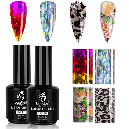 Product Cover Beetles Nail Art Foil Glue Gel Kit, 15ML 2 Bottles with 4 Pcs Transfer Stickers Holographic Leopard Rainbow Flower Decals UV LED Lamp Required for Nail Art Manicure Art DIY at Home