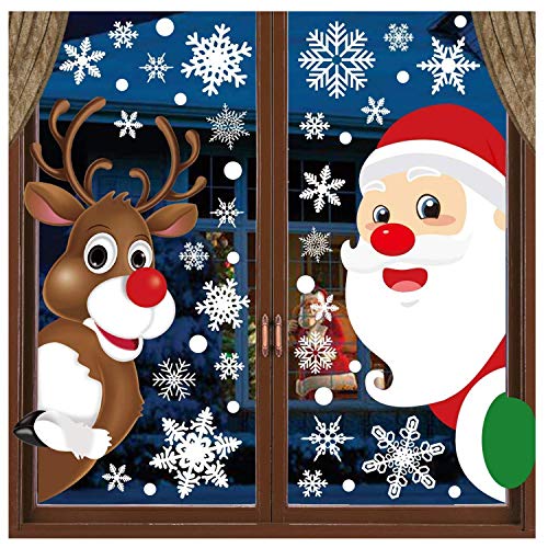 Product Cover SuperThinker Christmas Snowflake Window Clings Decal Stickers Decorations for Glass, Santa Claus Elk Peeking Window Decals Holiday Christmas Party Decor (Santa&Reindeer Peeking)