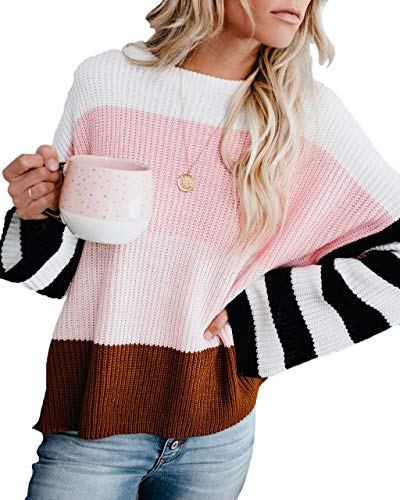 Product Cover Suimiki Women's Casual Long Sleeve Pullover Color Block Striped Scoop Neck Knit Sweater Top