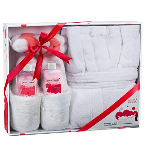 Product Cover Luxury Bathrobe and Slipper Spa Gift Box for Women with Body Lotion and Shower Gel, Lather Show Puff, Ultra Soft Full Length Bathrobe, Plush Slippers, in Pink Peony Fragrance Bath and Body Gift Basket