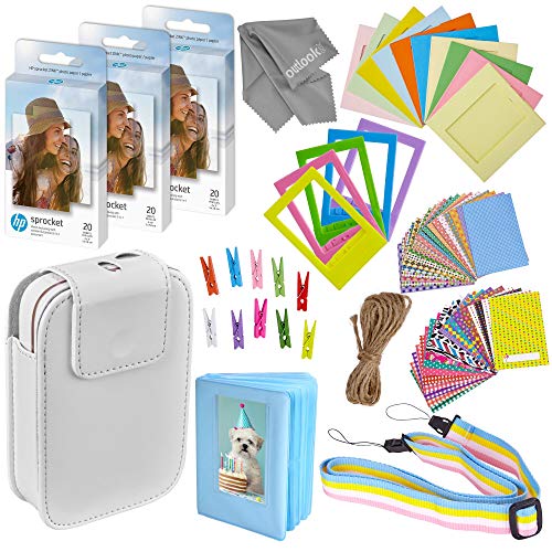 Product Cover Zink Photo Paper and Frames Kit - 60 Pack - Sticker Paper for HP Sprocket 2-in-1 Portable Printer - Sticky 2x3 Sheets for Printing Pocket Size Phone Pictures - with Photo Album, Case, Frames, Clips