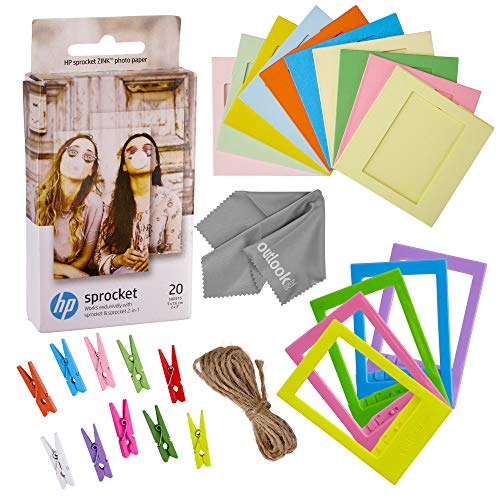 Product Cover Zink Photo Paper and Frames Bundle - 20 Pack - Sticker Paper for HP Sprocket 2-in-1 Portable Printer - Sticky 2x3 Sheets for Printing Pocket Size Phone Pictures - with Frames, Hanging Clips, String