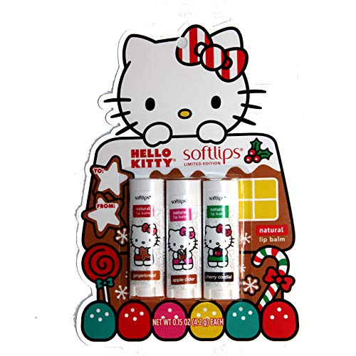 Product Cover Softlips (1) 3pc Pack Hello Kitty Limited Edition Natural Lip Balm Set - Holiday Flavors: Gingerbread, Apple Cider, Cherry Cordial - Net Wt. 0.15 oz eac.