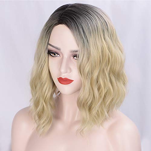 Product Cover Sué Exquisite Short Wavy Blonde Wig Ombre Bob Wig Blonde Short Cosplay Wig for Women 14 Inch Heat Resistant Synthetic Wig