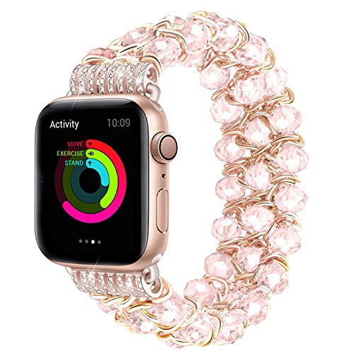 Product Cover JuQBanke Compatible for Apple Watch Band 38mm 40mm, Handmade Elastic Stretch Crystal Beaded Metal Bracelet Chain Replacement Women Strap for iWatch Series 5, 4, 3, 2, 1(Rosepink, 38ML)