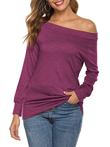 Product Cover Sarin Mathews Womens Tops Off The Shoulder Long Sleeve T Shirt Blouses Casual Tunic Tops for Leggings for Women RedPurple XL