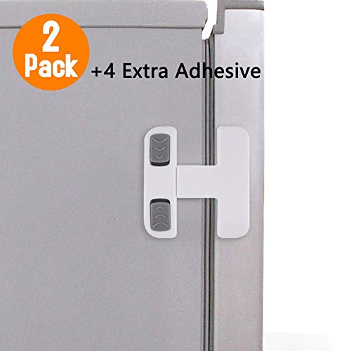 Product Cover Home Refrigerator Fridge Freezer Door Lock, Latch Catch Toddler Kids Child Fridge Locks Baby Safety Child Lock, Easy to Install and no Tools Need or Drill with 4 Extra Adhesive (White, 2 Pack)
