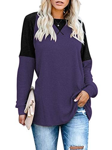 Product Cover Sarin Mathews Womens Long Sleeve Shirts Casual Tops Round Neck Color Block Loose Fit Tunic Tops Blouses Purple XL