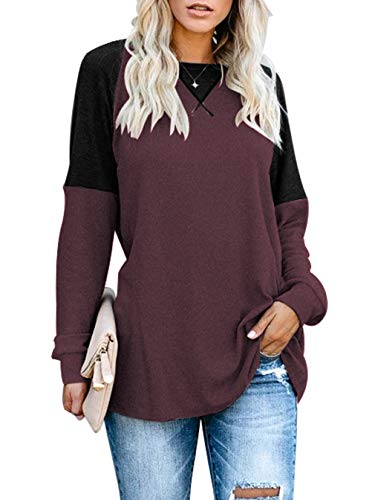 Product Cover Sarin Mathews Womens Tops Fall Casual Long Sleeve Shirts Round Neck Color Block Loose Fit Tunic Tops Blouses Burgundy L