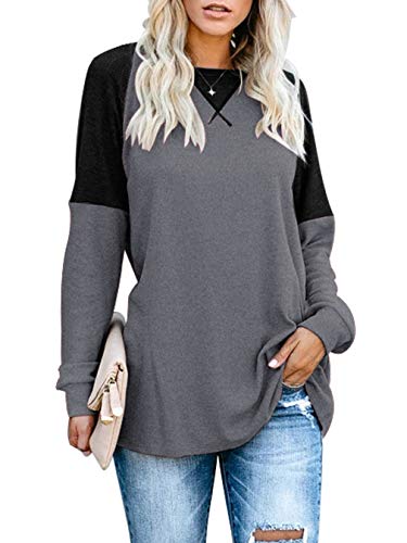 Product Cover Sarin Mathews Womens Tops Long Sleeve Shirt Casual Round Neck Color Block Loose Fit Tunic Tops Blouses Darkgrey XL