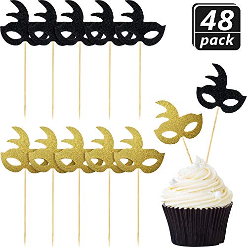 Product Cover 48 Pieces Masquerade Masks Cupcake Topper Glitter Mask Cake Topper Picks Dessert Cupcake Toppers for Masquerade Mardi Gras Party Baby Shower Birthday Party Decorations (Gold and Black)