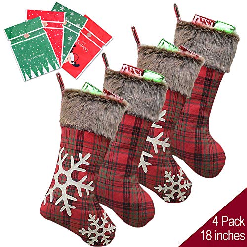 Product Cover Christmas Stockings, Burlap Plaid Style with Snowflake Pattern Big Xmas Stockings, Christmas Party Holiday Decoration
