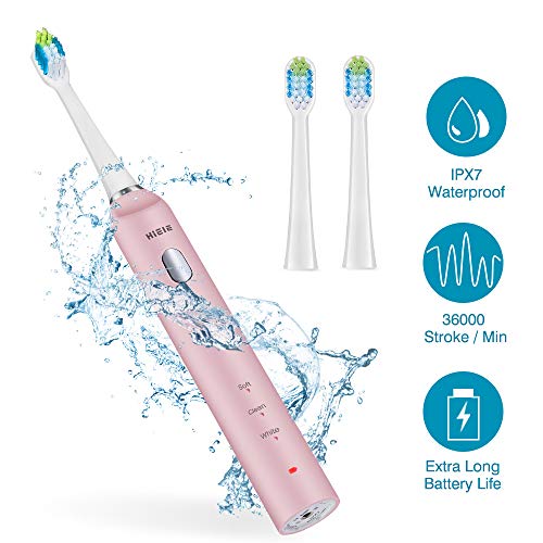 Product Cover HIEIE Sonic Electric Toothbrush, IPX7 Waterproof, 4 Hours Charge 45 Days Use, 3 Modes with 2 Min Timer for Adults, USB Rechargeable Toothbrush Travel Toothbrush with 2 Replacement Heads, Pink