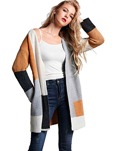 Product Cover AKABELA Womens Drop Shoulder Color Block Stripe Long Sleeve Open Front Cardigans Sweaters Coat Knit Outwear with Pockets(L)