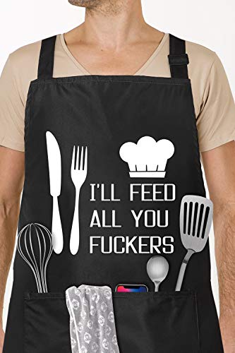 Product Cover Funny Cooking Black Apron for Men & Women with Large Tool Pocket Adjustable Neck Strap Waterproof and Oil Proof Best for Kitchen Cooking, Grilling, Baking, Gardening (Black-one)