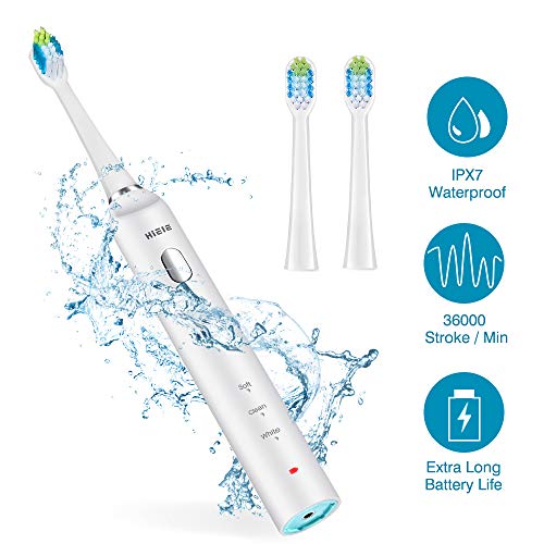 Product Cover HIEIE Sonic Electric Toothbrush, IPX7 Waterproof, 4 Hours Charge 45 Days Use, 3 Modes with 2 Min Timer for Adults, USB Rechargeable Toothbrush Travel Toothbrush with 2 Replacement Heads, White