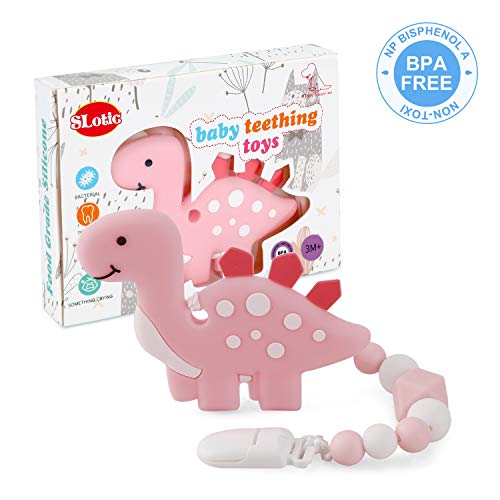 Product Cover Slotic Baby Teething Toys, Dinosaur Teether Pain Relief Toy with Pacifier Clip Holder Set for Newborn Babies, Freezer Safe Neutral Shower Gift, Soft & Textured Stocking Stuffers for Girl (Pink)