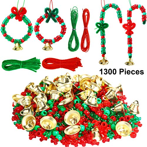 Product Cover Christmas Beads Ornament Kit for Kids, 1000 Pieces Tri Beads, 200 Pieces Plastic Beads,50 Pieces Chenille Stems,20 Pieces Bells and 10 m Ropes for Xmas Craft Wreath Holiday Tree Decorations Supplies