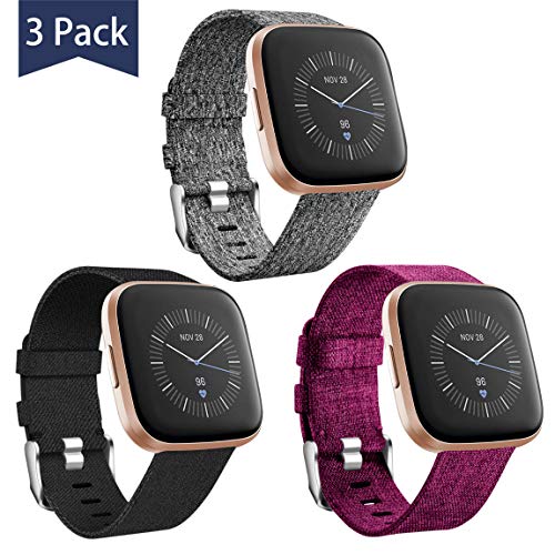 Product Cover Maledan Compatible with Fitbit Versa/Fitbit Versa 2/Fitbit Versa Lite Bands for Women Men Small, 3 Pack Woven Fabric Strap Adjustable Wristbands for Versa Watch, Charcoal/Black/Fuchsia