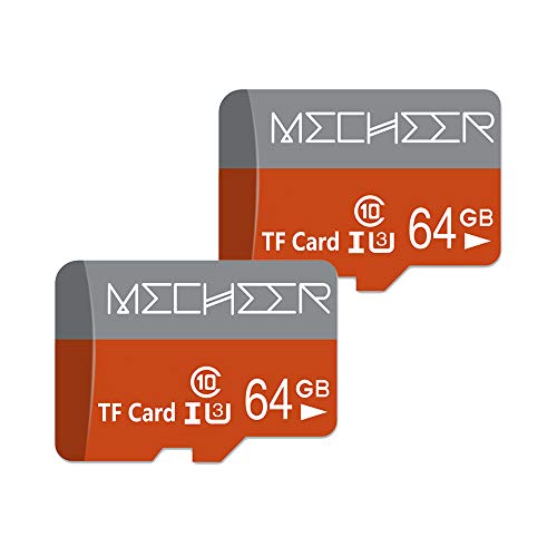 Product Cover Micro SD Card 64GB 2 Pack, MECHEER Memory Card Micro SDXC Card Mini TF Card Class 10 UHS-I Flash Memory Card High Speed 85MB/s C10, U3, Full HD, 64GB microSD Card, Red/Gray